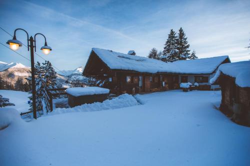 a log cabin with snow on the roof at Chaletbethere in Pila