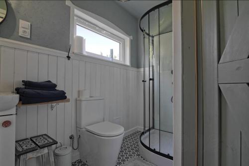 a bathroom with a shower and a toilet and a window at Oddech in Miłków