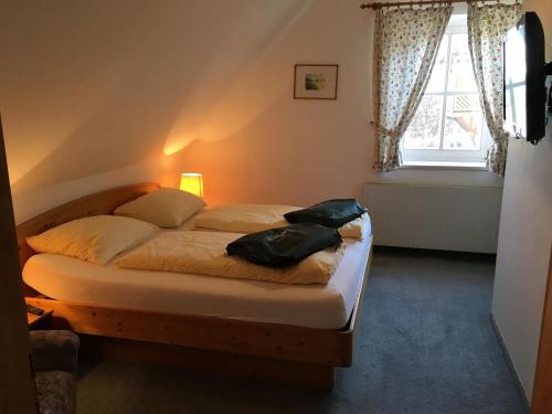a bedroom with a bed in a room with a window at Thermen Apartment in Bad Waltersdorf