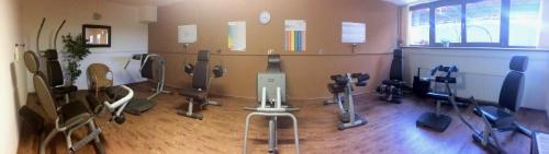a gym with several exercise equipment in a room at Thermen Apartment in Bad Waltersdorf