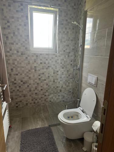 a small bathroom with a toilet and a window at ZORA apartmani Sarajevo in Sarajevo