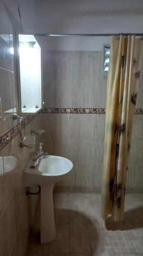 a bathroom with a sink and a shower curtain at tu lugar para descansar in Valle Hermoso