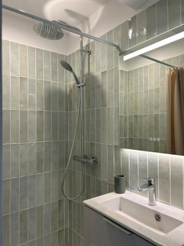 une salle de bain avec douche et lavabo dans l'établissement Maison & studio, jardin, tout confort, à Aigues-Mortes