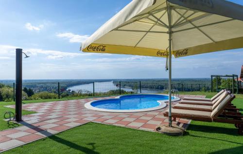 a patio with an umbrella and a swimming pool at Awesome Home In Aljmas With Sauna in Aljmaš