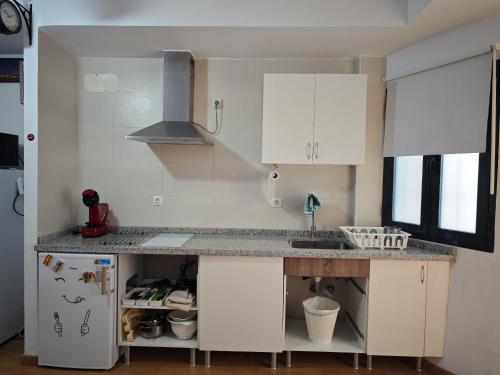 kuchnia z białymi szafkami i zlewem w obiekcie Castilla del Patrocinio, Coqueto apartamento de 1Dormitorio w Sewilli