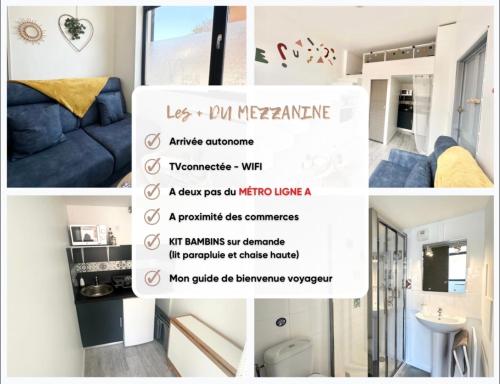 un collage de photos d'une chambre avec un canapé bleu dans l'établissement Studio mezzanine proche métro A, à Villeurbanne