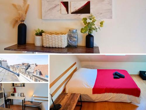a bedroom with a bed with a red and white blanket at Studio zen JD54#1 in Reims