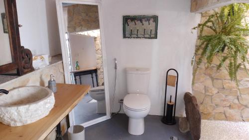 a bathroom with a toilet and a sink and a sink at Quinta Castilho in Fortes de Cima