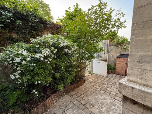 a garden with white flowers and a fence at La maison du 18 in Chantilly