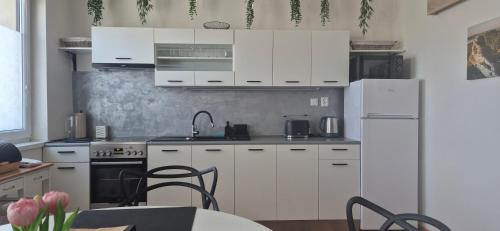 a kitchen with white cabinets and a white refrigerator at Apartmán Vital na Pálavě - ubytování & životní restart in Pasohlávky