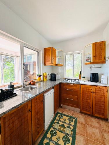 a kitchen with wooden cabinets and a sink at Alojamento Casa Maria in Moncarapacho