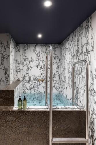 a shower in a bathroom with a tub at Schloßhotel Althörnitz in Bertsdorf