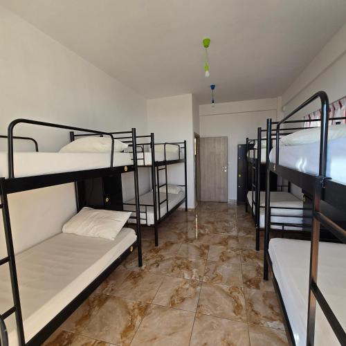 a room with a bunch of bunk beds at Lazy Roo Hostel Saranda in Sarandë