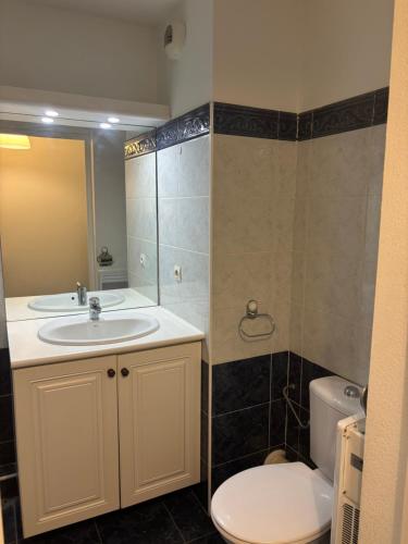 une salle de bain avec un lavabo et des toilettes dans l'établissement Studio Calif, face tram proche Mer, à Nice