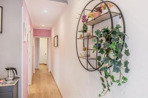 a mirror hanging on a wall with a plant at Trilocale vicino Metro B con Self Check In e Wi-Fi in Rome