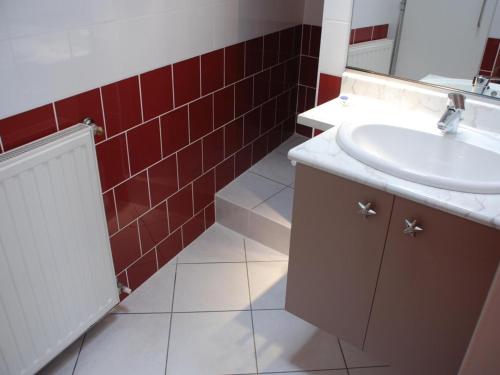 La salle de bains est pourvue d'un lavabo et d'un mur en carrelage rouge. dans l'établissement Charmant Pigeonnier rénové avec Wi-Fi, proche Port Bourgenay - FR-1-426-578, à Saint-Hilaire-de-Talmont
