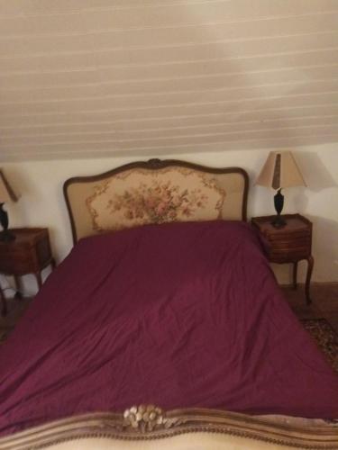 - un lit avec une couverture violette et 2 tables de chevet dans l'établissement Happy Homes, à Plouyé