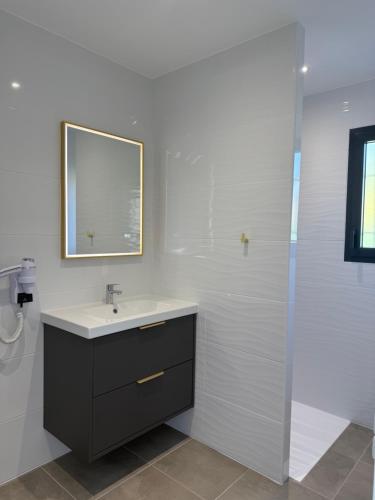 une salle de bain avec un lavabo, un miroir et une douche dans l'établissement Les gîtes de mamie, à Saint-Martin-dʼArdèche