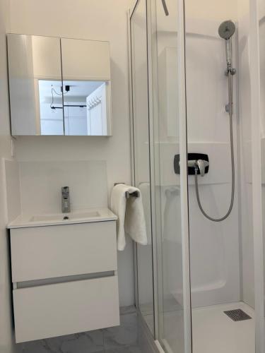 une salle de bain blanche avec un lavabo et une douche dans l'établissement Studio Proche Tram accès Centre Ville Plage, à Nice