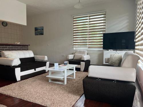 a living room with two couches and a tv at La Bocca Apartment - Airport, Parking, AC, Bidet, Coffee Machine, PS3 in Sarajevo