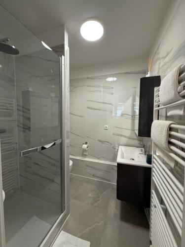 a bathroom with a glass shower and a sink at Stendaler Apartments in Stendal