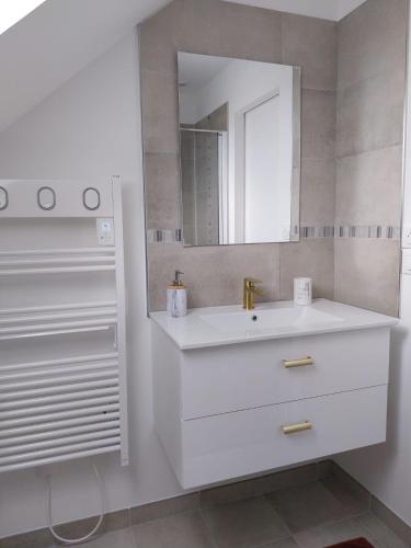 une salle de bain blanche avec un lavabo et un miroir dans l'établissement Disneyland Paris dream 2 rooms & breakfast, à Magny-le-Hongre