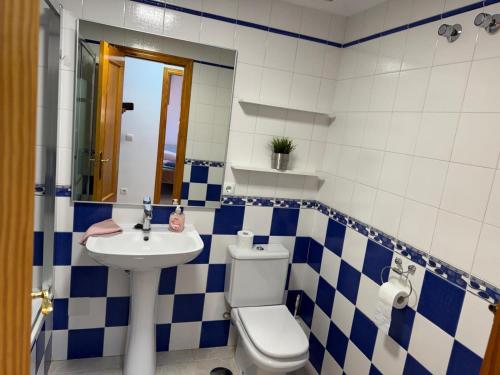a blue and white bathroom with a toilet and a sink at Apartamento Parque del Duque in Orihuela Costa
