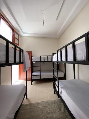 a room with three bunk beds and a window at Hostel dallas Warzazate in Iskhissane