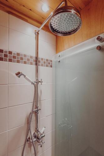 a shower with a glass door in a bathroom at Ferienhaus Lindeli, Luxeriös eifach in Sankt Peterzell