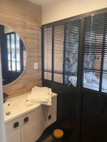 a bathroom with a sink and a mirror at Les épines in Quend-Plage