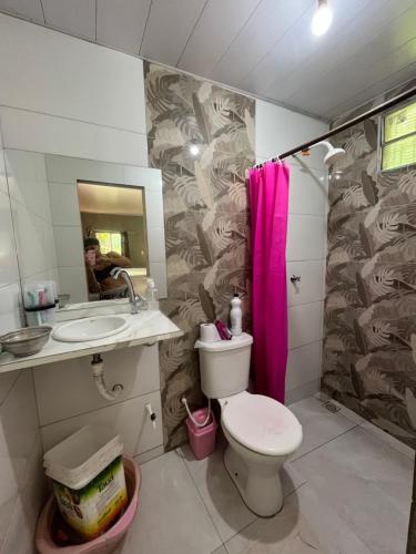 ein Badezimmer mit Toilette, Waschbecken und Spiegel in der Unterkunft Casa na ilha do combu in Acará
