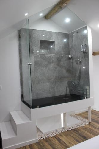 a shower with a glass wall in a bathroom at Loft Prestige in Leiria
