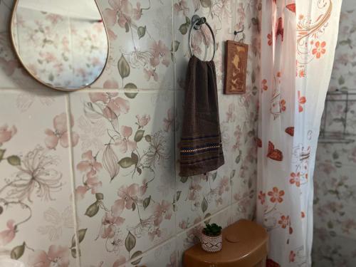 a bathroom with a mirror and a towel hanging on the wall at Canto da Sereia - Casa in Soure