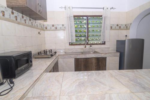 a kitchen with a sink and a tv on a counter at Urban Oasis Apartments in Mombasa