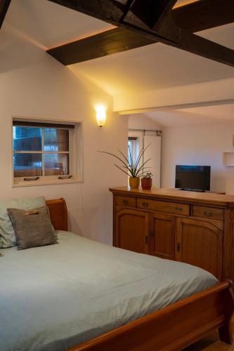 a bedroom with a bed and a tv on a cabinet at Rancho Bejarano in Kollumerpomp