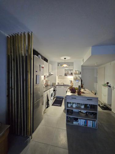 Il comprend une cuisine blanche équipée d'un réfrigérateur et d'un lave-vaisselle. dans l'établissement Appartement porte des Alpilles, à Arles