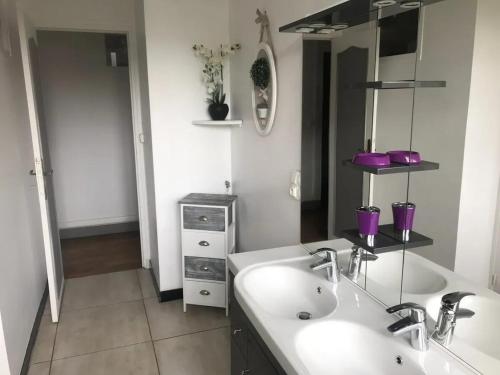 ObjatAppartement confortable avec jardin à Objat, 120 m²的浴室里有两个洗手池和一面镜子