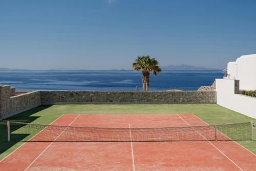 a tennis court with a palm tree and the ocean at Santa Marina, A Luxury Collection Resort, Mykonos in Ornos