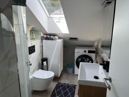 a bathroom with a toilet and a sink and a window at Mevan Ferienwohnung in Gaienhofen