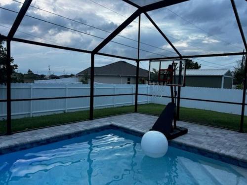 a swimming pool with a basketball hoop and a ball at New With heated Pool and Pier! Ideal for 2 Families! in Cape Coral