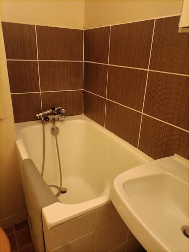 une salle de bain avec une baignoire et un lavabo dans l'établissement studio familial 4 couchages, à Arâches-la-Frasse