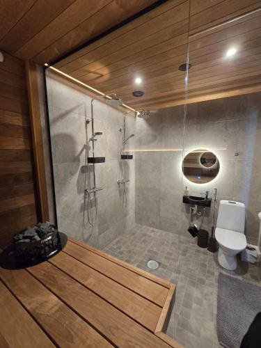 a bathroom with a shower and a toilet at Villa Sienna, Äkäslompolo, Ylläs in Äkäslompolo