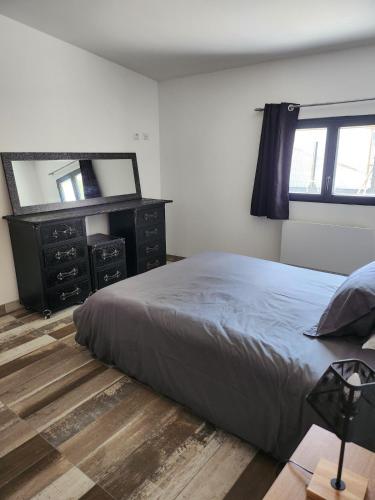une chambre avec un lit, une commode et un miroir dans l'établissement Maison de vacance pour 6 personnes, à Saint-Agnant