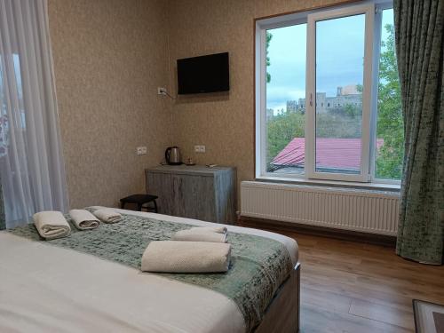 una camera da letto con un letto e una grande finestra di Panorama RABATI a Akhaltsikhe