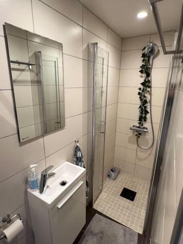 a white bathroom with a shower and a sink at Staymate 15 minutes from Barcode in Oslo