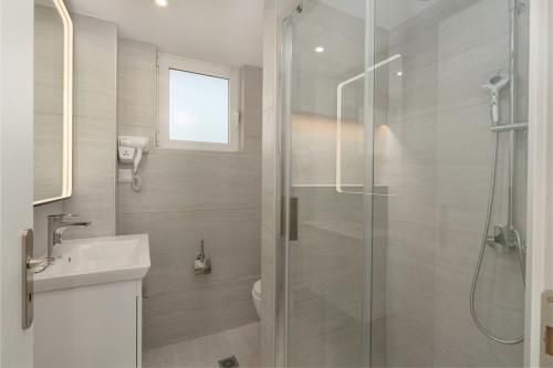 a bathroom with a shower and a toilet and a sink at Thea Apartment near the Agkali - Ayia Anna beach in Evia in Kría Vrísi