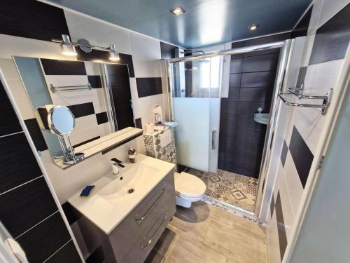 une salle de bain avec un lavabo, des toilettes et une douche dans l'établissement Résidence Les Arcades - 2 Pièces mezzanine 6 couchages PORT LEUCATE MAE-8483, à Leucate