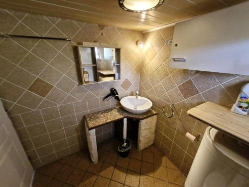une petite salle de bain avec un lavabo et un miroir dans l'établissement Résidence La Pecherie 1 - VILLA T1 MEZZ 4 couchages LE BARCARES MAE-8473, au Barcarès