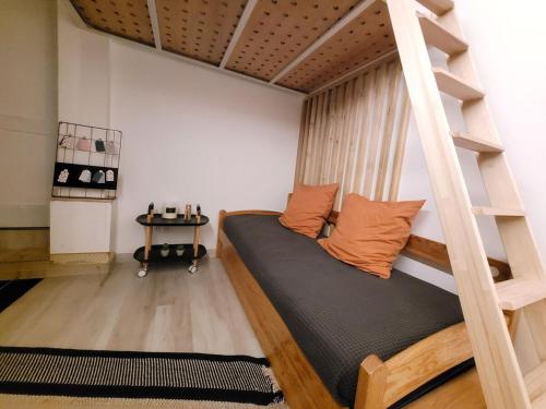 une chambre avec un lit superposé avec une échelle dans l'établissement maisonnette jardin paris disney, à Neuilly-Plaisance