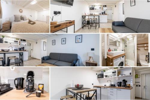 un collage de photos d'une cuisine et d'un salon dans l'établissement Magnifique Flat le Belleville - Lumineux - 4 personnes - Proche Metro, à Paris